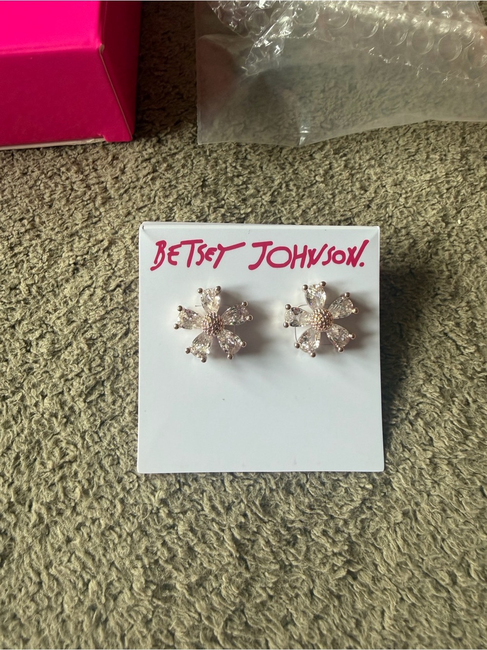 Betsey Johnson Rose Gold Floral Crystal Stud Earrings